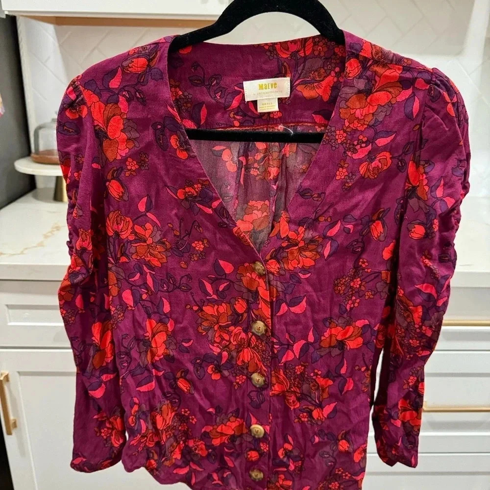 Maeve by Anthropologie Jordain Runa Floral Printed Women Long Sleeve Blouse Smal - Picture 2 of 5